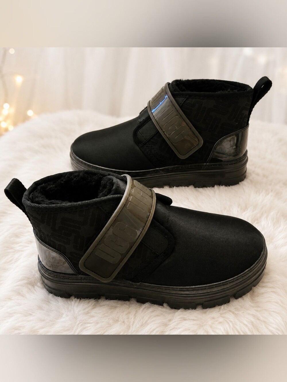 UGG Neumel Black Monogram Strap Boots Women’s Size 7 NWOB